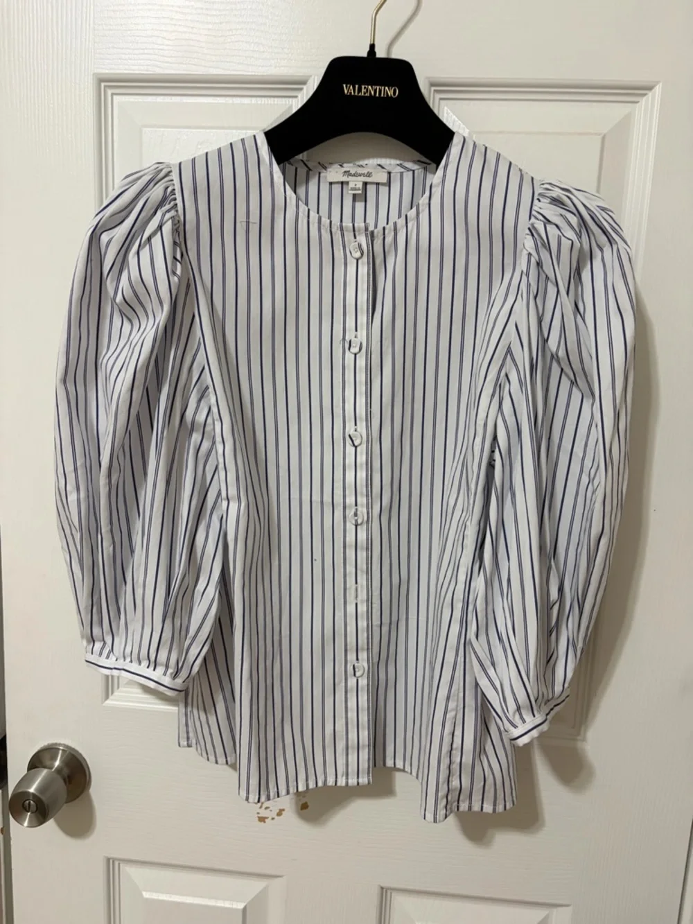 Madewell white navy striped blouse puff sleeves size 2, Academia Office Career